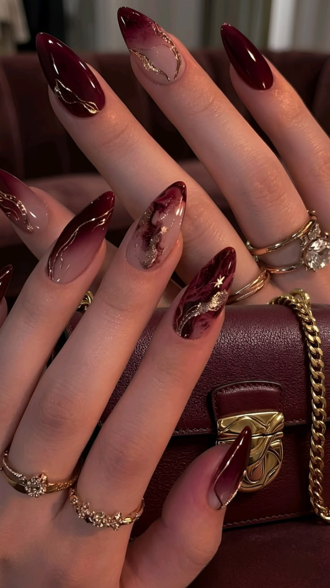 Intricate gold chrome and gem custom nail art Calgary