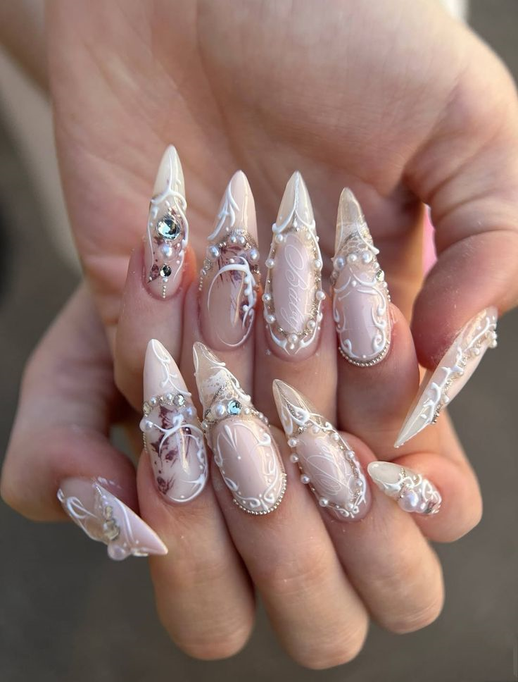 Victorian lace and pearl custom nail art Calgary at La Paige Nails