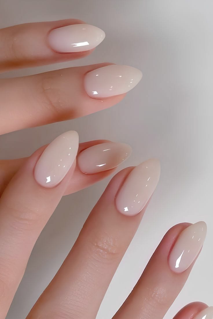 Nude almond nails after a bio gel refill calgary