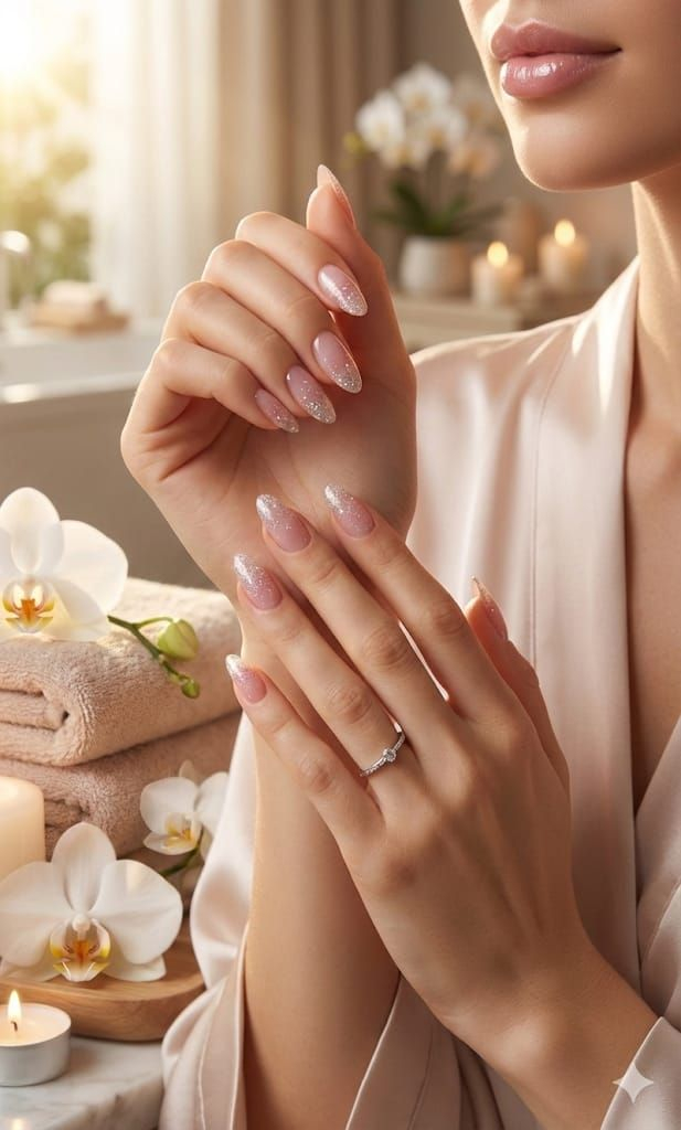 Glitter ombre nails from a luxury nail spa experience Calgary